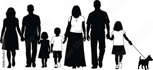 A vector illustration of a large, multi-generational family group with parents, children, and a dog, walking together and holding hands, symbolizing unity, togetherness, and happiness.
