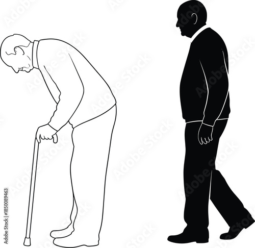 Vector illustration of the aging process, a senior man's mobility transition, contrasting walking with a cane and unaided movement, symbolizing health, support, and independence.