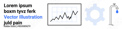Data analytics, business growth, water management, industrial tools, economic trends, sustainability. Line graph with trend chart, gear wheel and faucet with water droplet. Data analytics