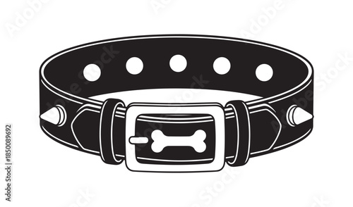 Heavy black dog collar with metal studs, spikes, and a buckle featuring a bone-shaped emblem, representing pet accessories and punk style.