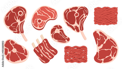 Various cuts of raw red meat are displayed in a colorful illustration, showcasing different textures and preparations for cooking.