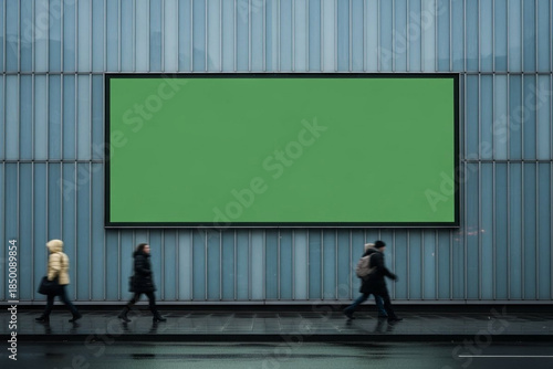 Green screen billboard mockup on modern city building with wet street reflections and motion blurred pedestrians, urban outdoor advertising template