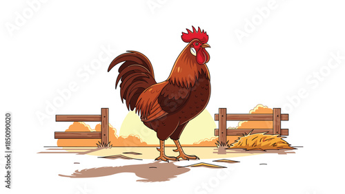 Proud rooster stands confidently in a farmyard setting with a wooden fence and hay bales, embodying rural life and agricultural charm.