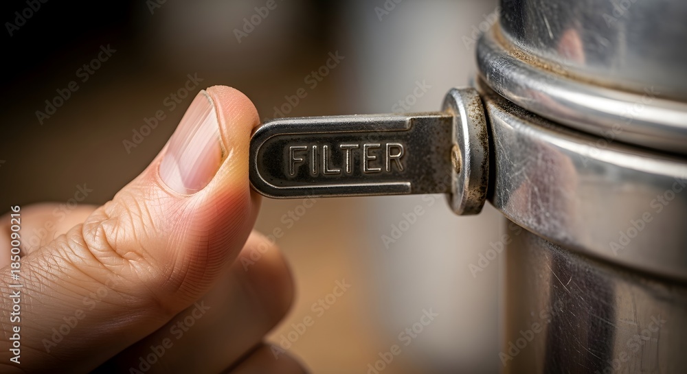 Obraz premium Close up of hand adjusting filter valve on metallic water filtration system