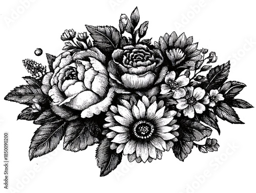 Monochrome illustration of assorted detailed floral arrangement against a white background