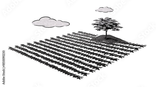 Monochrome illustration of cultivated field with rows of plants, single tree, and clouds