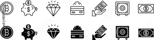 Finance and cryptocurrency icon set featuring bitcoin money savings investment payment cash vault vector illustration modern design minimal line style
