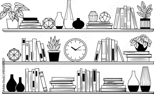 Bookshelf Library Interior Decor Vector Silhouette Illustration
