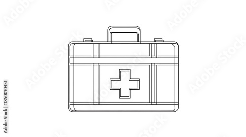 Monochrome outline of a first aid kit, featuring a cross on the front