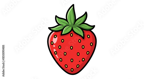 A vibrant red strawberry with a fresh green crown and tiny yellow seeds, a delightful fruit illustration Vector