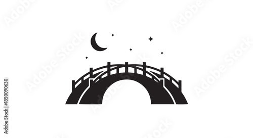 Arch bridge silhouette over river vector illustration
