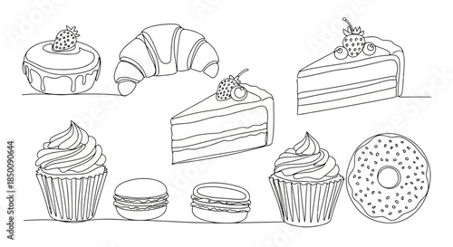 Minimalist black and white line art illustration of assorted sweet desserts and pastries Vector