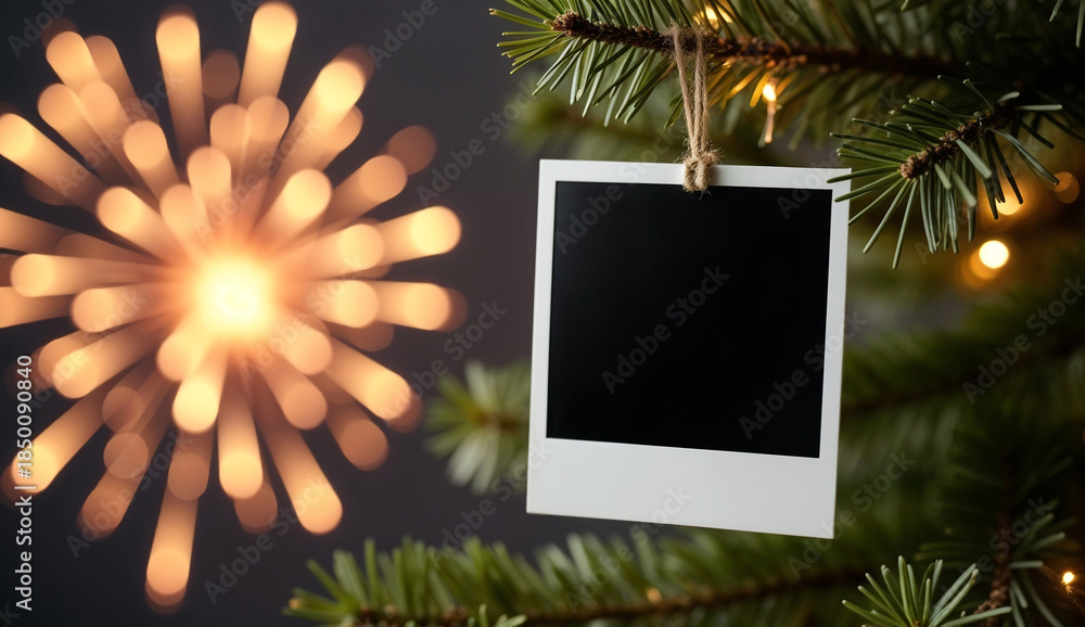 Obraz premium Blank polaroid hanging on Christmas tree with Fireworks background
