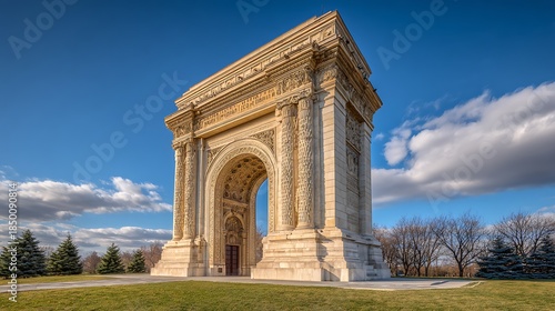 Monumental stone archway bathed in sunlight against a blue sky with fluffy clouds