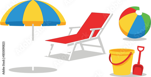 Flat style illustration collection of 5 beach items sun umbrella lounge chair beach ball sand bucket and shovel