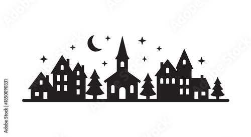 Night castle vector illustration with medieval towers and fantasy town silhouette