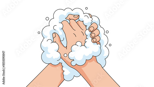 Illustration depicts hands covered in fluffy white soap suds while being washed, promoting hygiene and cleanliness for health and wellness.