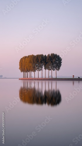 Morning scene a row of trees on a small island reflected in the still water