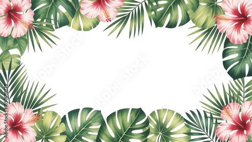 Tropical Hibiscus and Palm Leaf Frame with Green Monstera Border and Copy Space