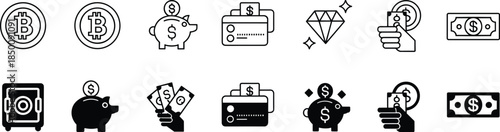 Finance and cryptocurrency icon set featuring bitcoin wallet piggy bank investment cash payment savings vector illustration modern line design style
