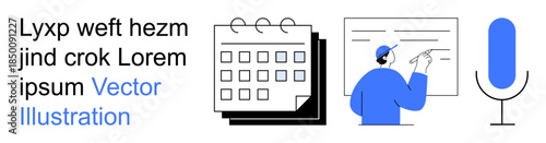 Task management, education, productivity, planning, communication, technology. Calendar, person presenting at whiteboard microphone. Task management and education concept