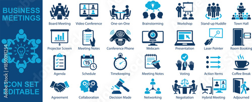 Comprehensive vector icon set detailing modern business meeting types, collaboration methods, and essential office processes.