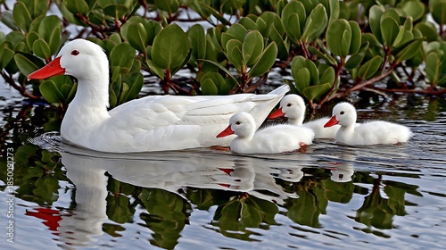 Mother duck with three fluffy ducklings swims peacefully in water with green foliage behind