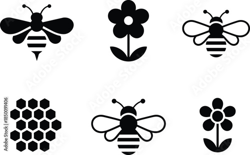 PrintBee silhouette illustration, flower honeycomb vector, pollination nature design sketch, insect agriculture outline icon, ecosystem biodiversity graphic drawing, honey symbol art