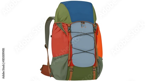 Multi-colored large backpack with multiple pockets, straps, and adjustment buckles
