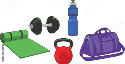 Flat vector set of 5 fitness gear items yoga mat dumbbell water bottle kettlebell and gym bag