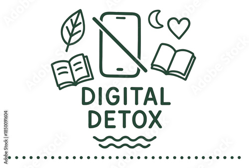 Digital detox emblem with smartphone, book, heart symbol, leaf, and moon