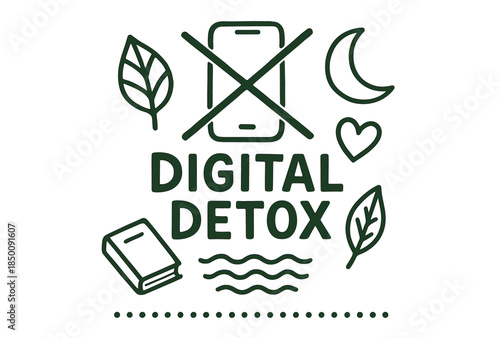 Digital detox symbols: phone, nature, moon, heart, book