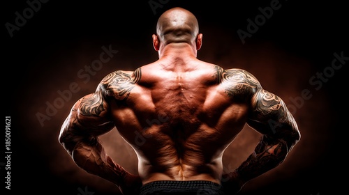 Muscular bald man with tattoos, back view, showing muscles and inked sleeves, dark background