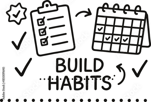 Hand-drawn checklist and calendar illustrating habit tracking and goal management