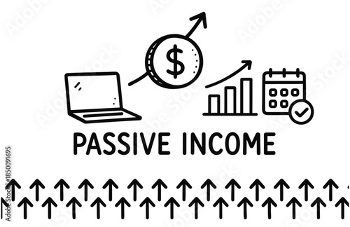 Concept of passive income with laptop, growth chart, and money symbol