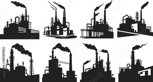 PrintFactory silhouette illustration, industrial plant vector, manufacturing refinery design sketch, pollution chimney outline icon, urban industry graphic drawing, production symbol art
