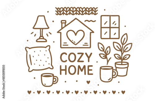 Cozy home elements: lamp, window, pillow, plants, mugs, heart