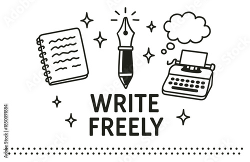 Creative writing concept with notebook, fountain pen, and typewriter