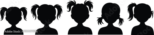PrintGirls silhouettes vector, hairstyle variation, ponytails, pigtails, front view, children illustration, diversity, fashion design, character art, black graphic portrait