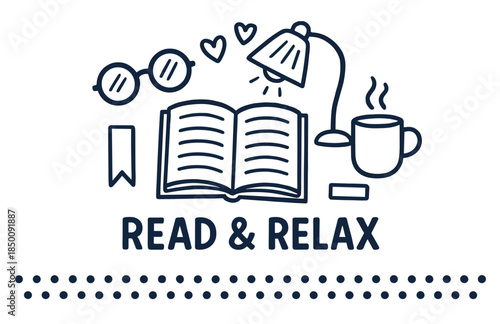 Cozy reading setup with open book, lamp, glasses, mug, and bookmark