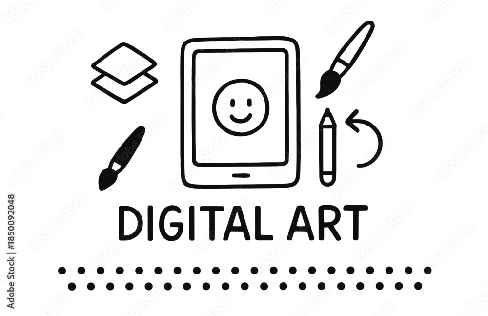 Fototapeta premium Digital art tools: brushes and tablet with smiley face design