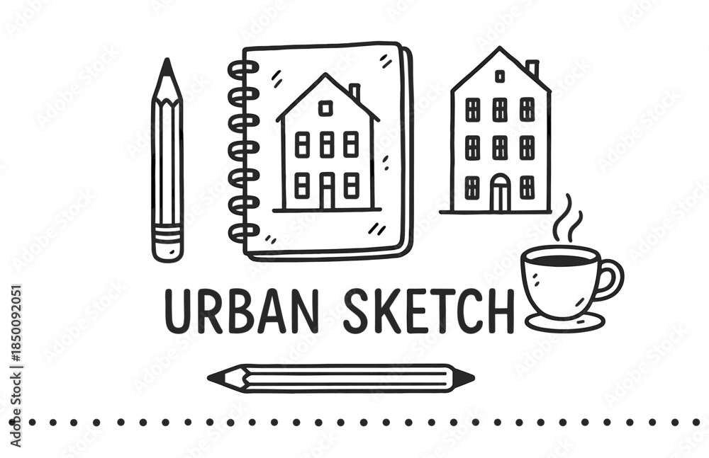 Obraz premium Urban sketching essentials: notebook, pencil, coffee, and architecture drawing