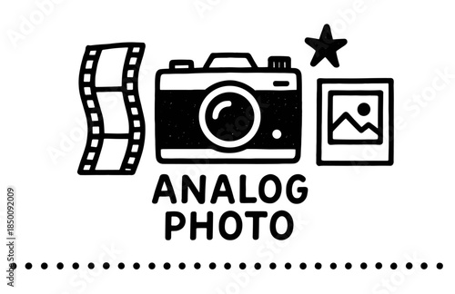 Analog icons: film strip, vintage camera, print, star