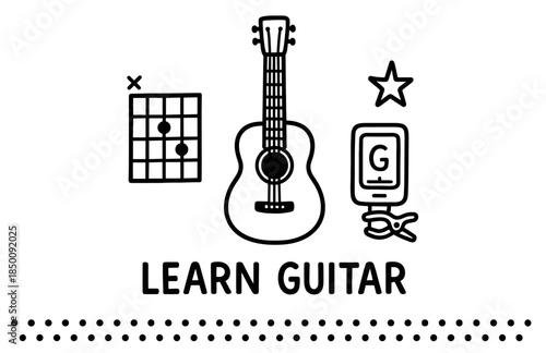 Beginner guitar learning tools: chord diagram, tuner, acoustic guitar