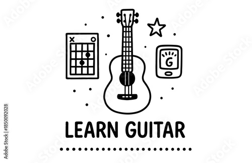 Learn to play guitar: chords, star icon, and guitar tuner displayed in simple design