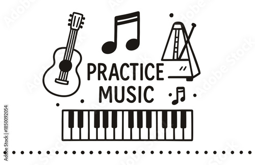 Black and white music practice design with guitar, notes, and keyboard