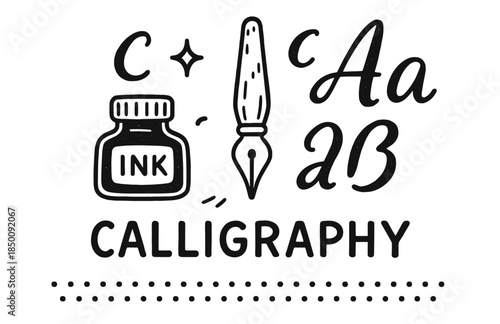 Calligraphy tools and script: ink pot, fountain pen, and alphabet art