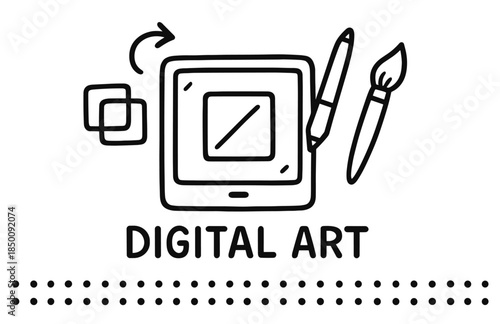 Digital art creation tablet with stylus and brush icons