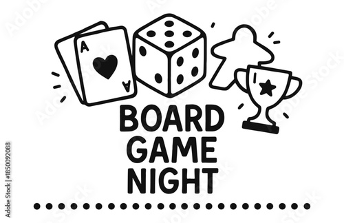 Board game night: cards, dice, meeple, and trophy