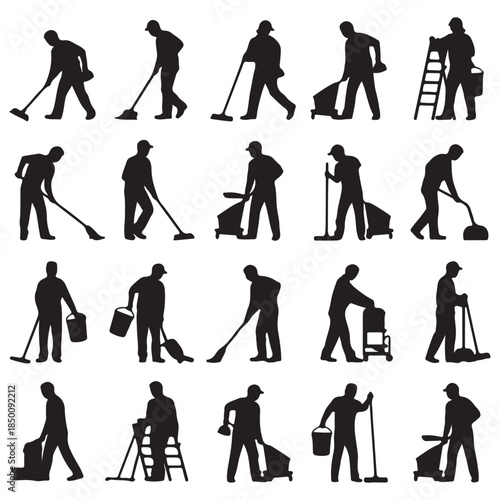 Silhouettes of Cleaners at Work in Various Poses